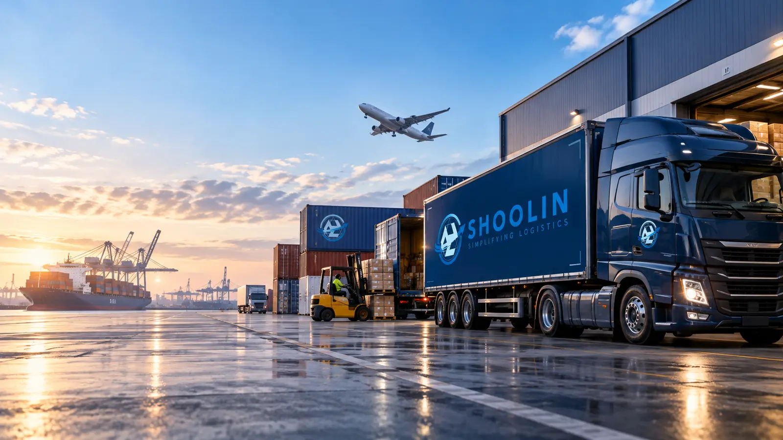 A semi-truck at a warehouse loading dock, with shipping containers, a container ship and a plane in the background