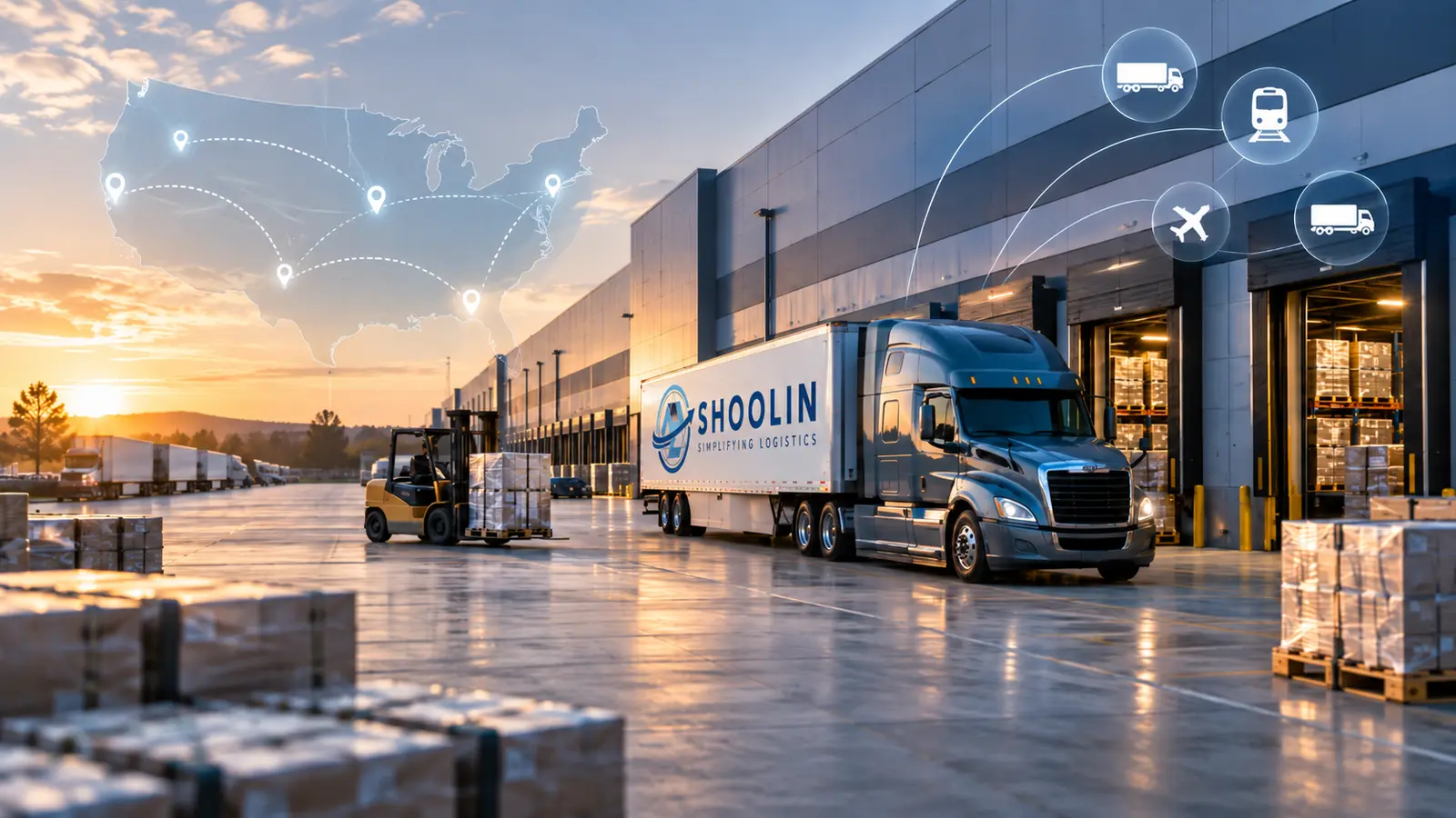 A logistics professional using a tablet beside palletized freight at a loading dock